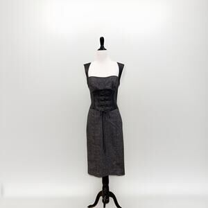 Bebe Vintage Y2K Real Leather Corset Wool Midi Pencil Dress Gray Tweed Size 8